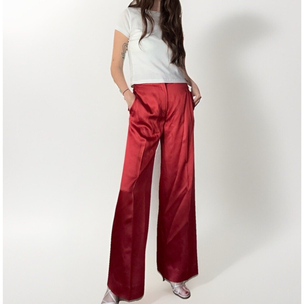 Max Mara Studio Wide Leg Satin Trousers Red Brick Acetate Viscose Size 8 Italy